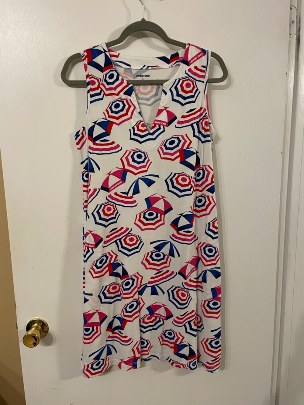 Lands' End White Tank Dress with Navy & Pink Geometric Print